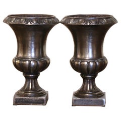 Antique Pair of 19th Century French Neoclassical Polished Iron Campana Form Urns