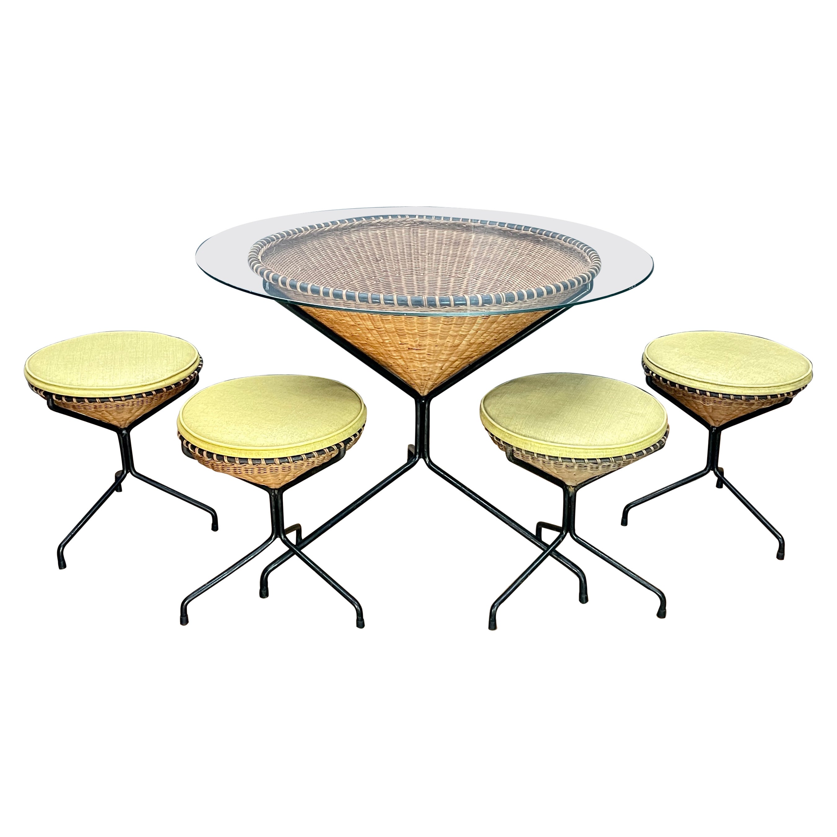 1950s California Design Danny Ho Fong Wicker Iron Tiki Dining Table Stool Set For Sale