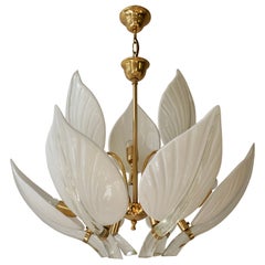 Midcentury Franco Luce for Seguso White Glass Leaf Nine Light Fixture