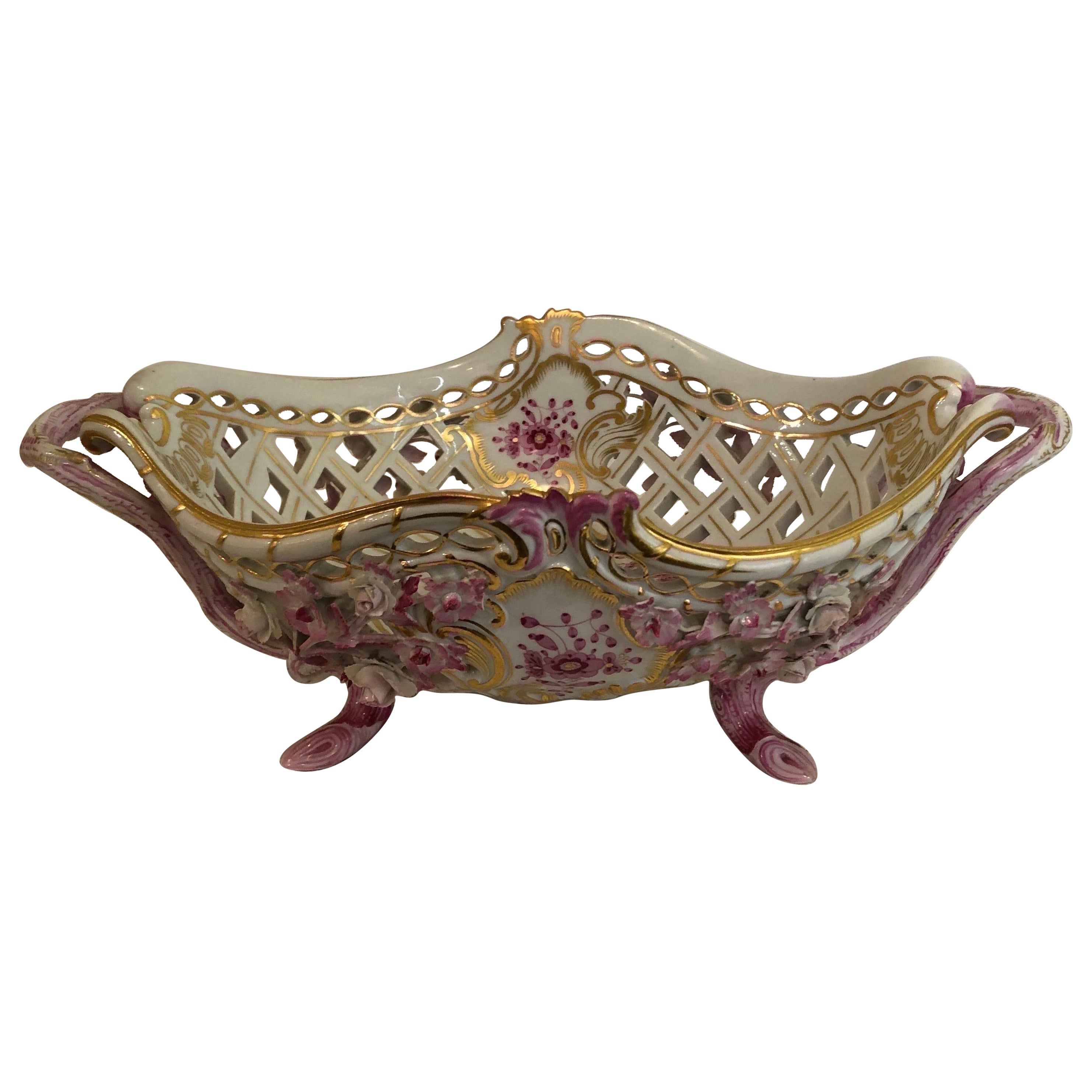 Meissen Purple Indian Reticulated Centerpiece Bowl Encrusted with Raised Flowers