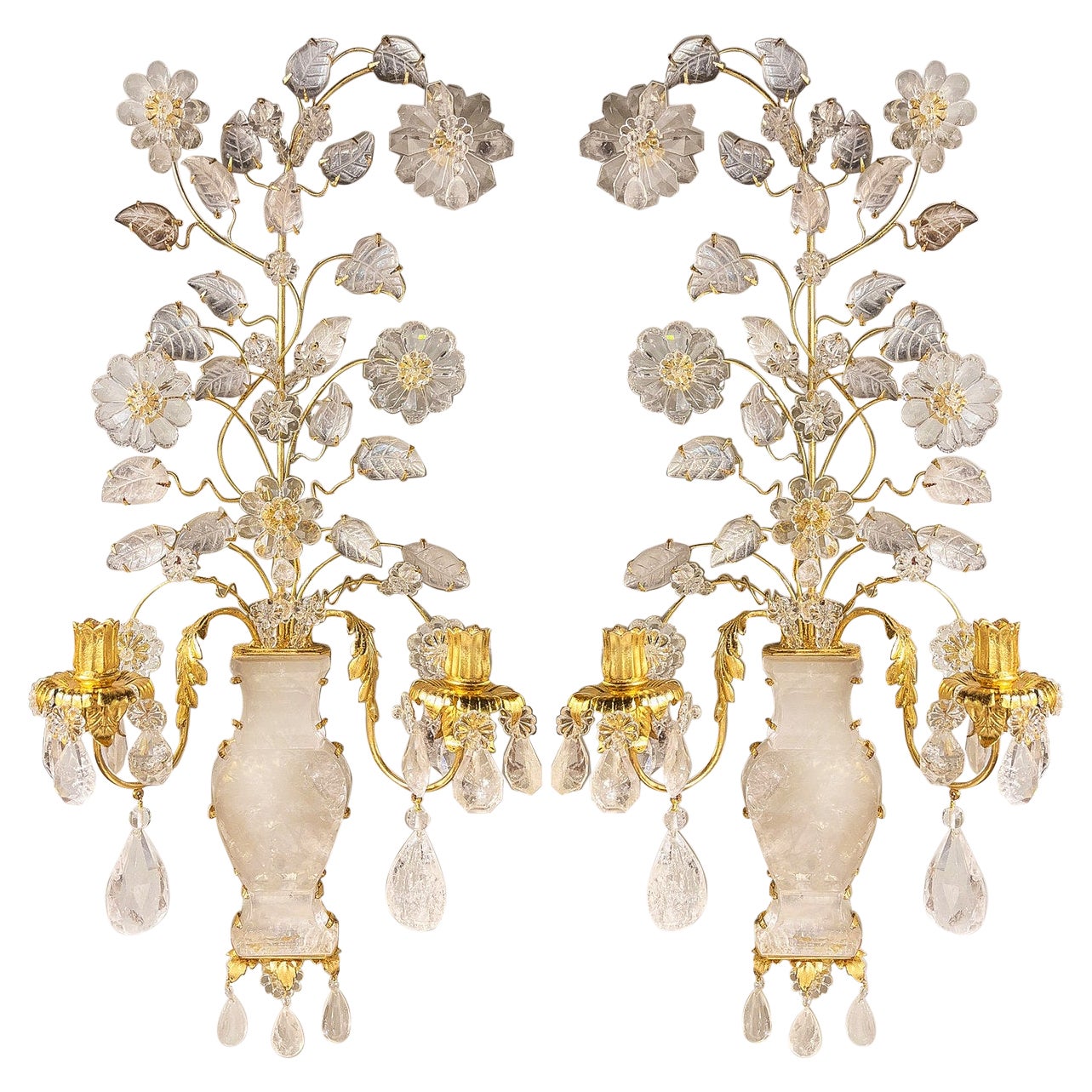 Set of Two Light Rock Crystal Bouquet Sconces For Sale