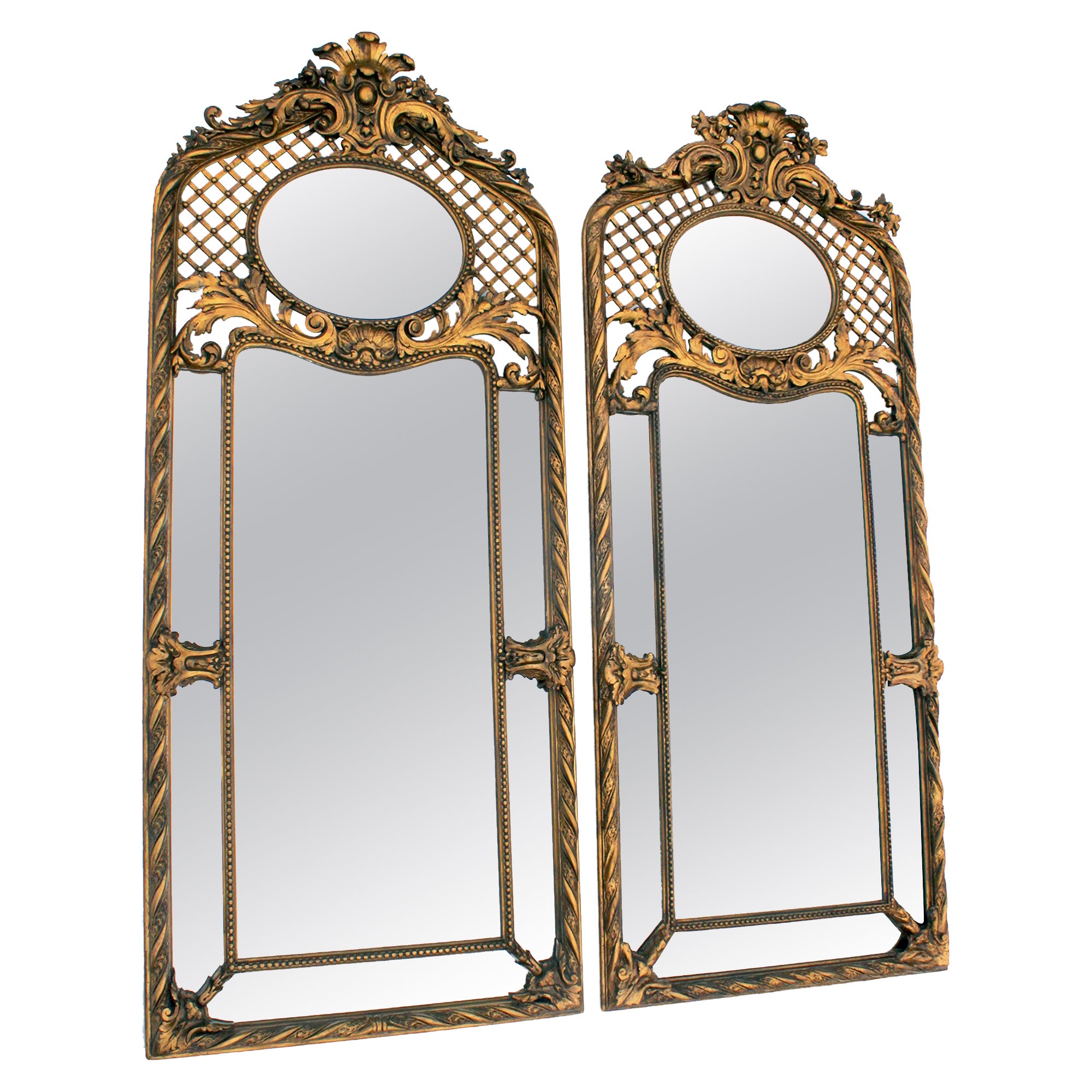 Pair French Belle Epoqué Louis XV Style Giltwood & Gesso Carved Trumeau Mirrors For Sale