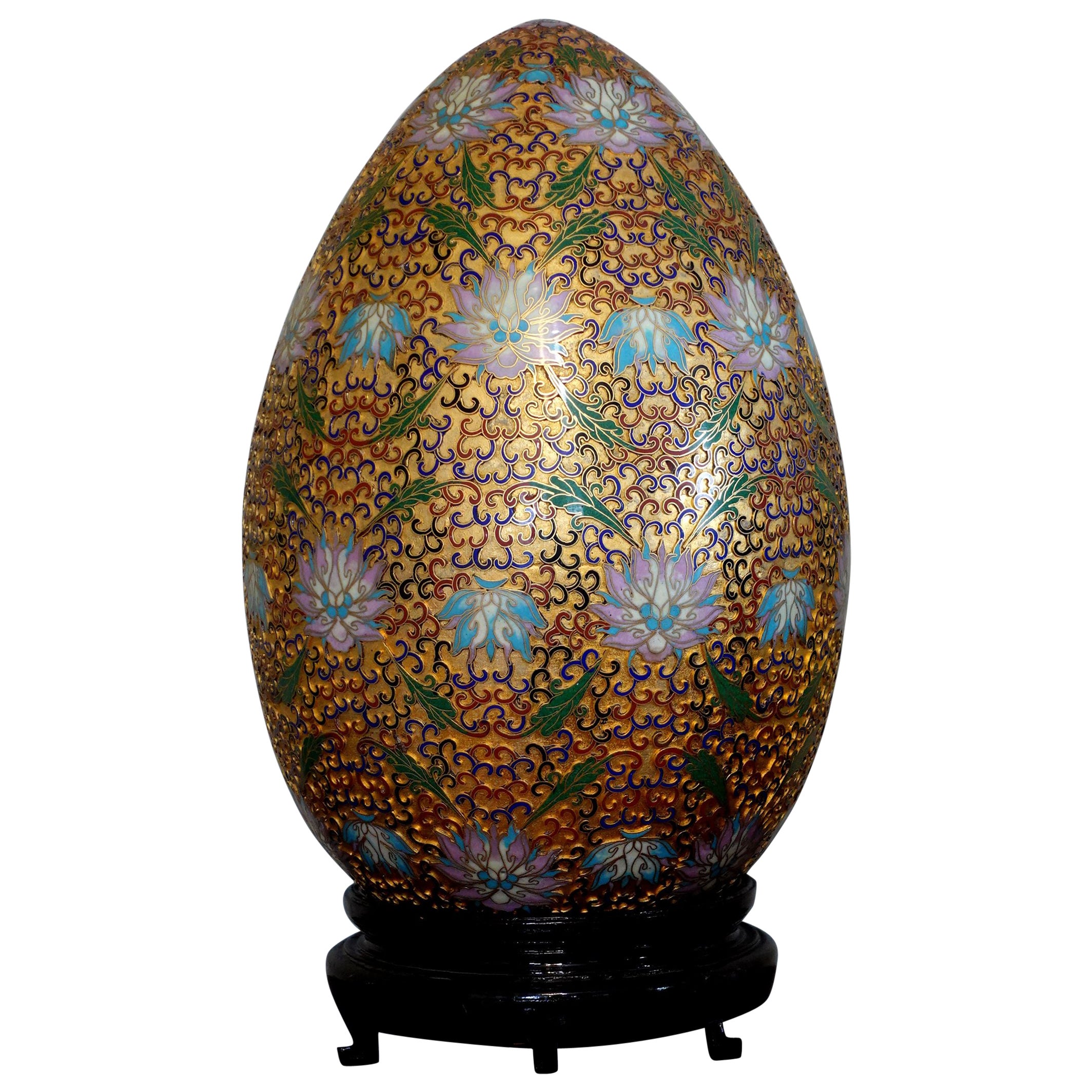 Chinese "Giant" Cloisonné Enamel Egg "Flowers" with Wood Stand #Ja1 For Sale