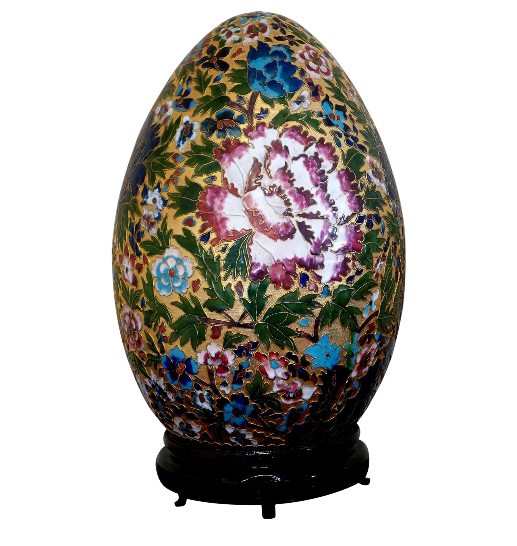 Chinese "Giant" Cloisonné Enamel Egg "Flowers" with Wood Stand #Ja2 For Sale