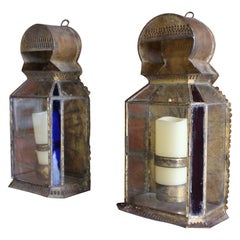 Pair of Antique Gilt Metal and Glass Moroccan Sconces