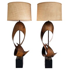 Brutalist Harry Balmer Harold Weiss Laurel Ribbon Table Lamps with New Shades