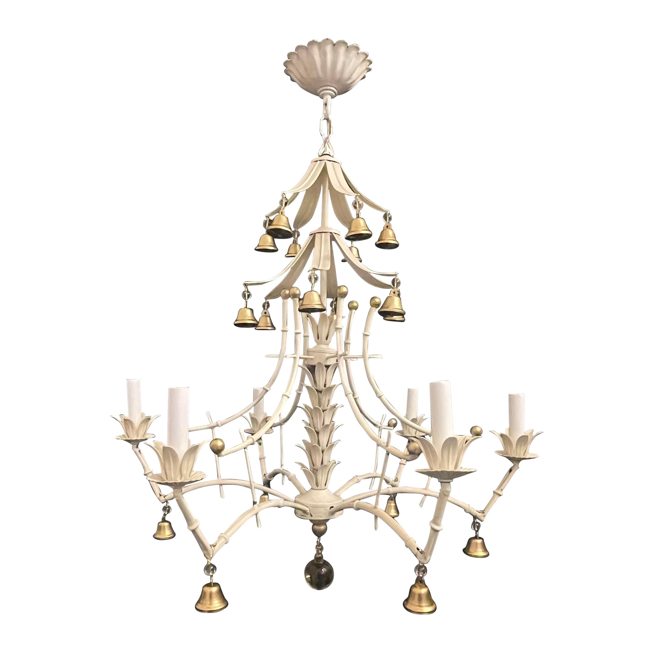 Vintage Faux Bamboo Pagoda Tole White Gold Gilt Metal Palm Beach Chandelier