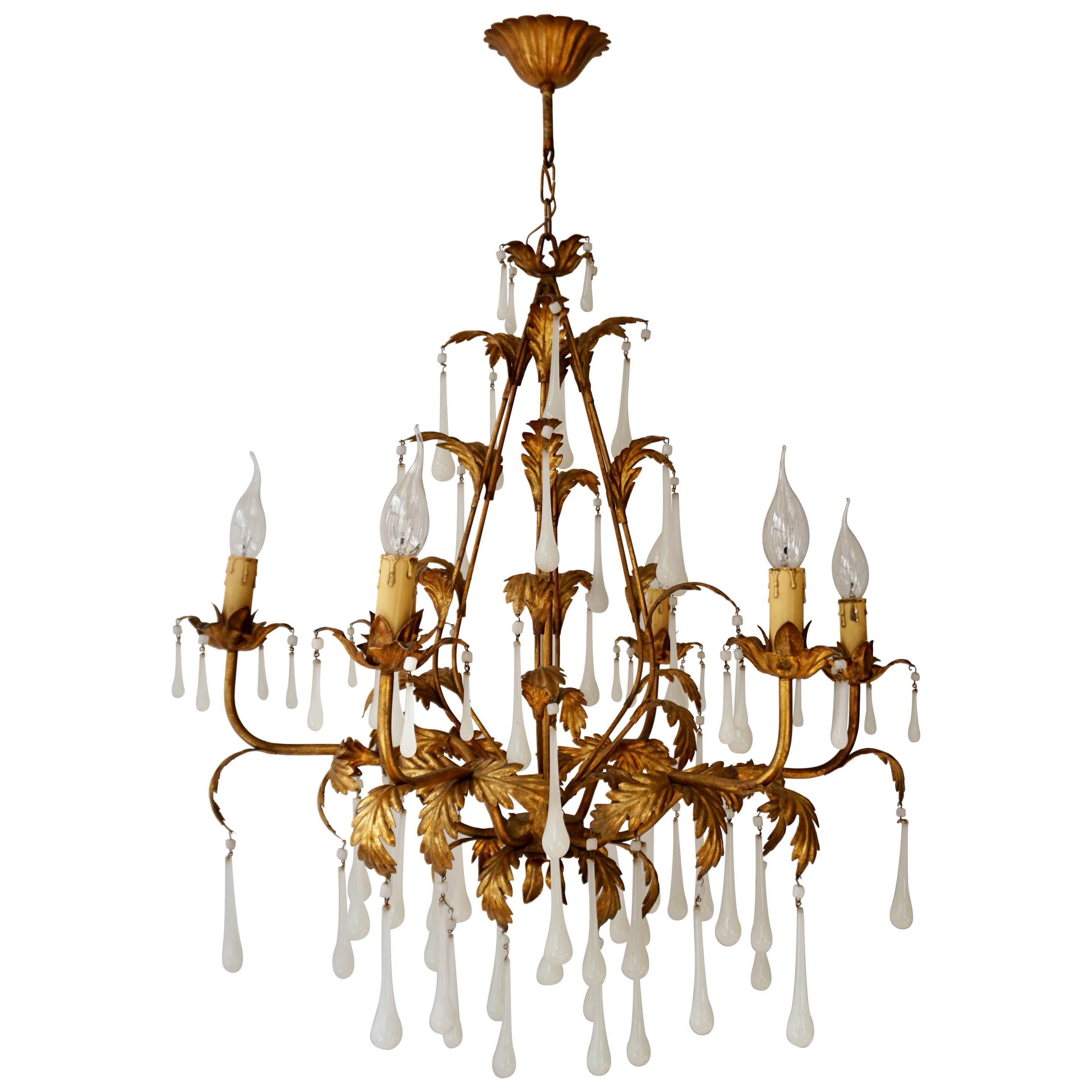Brass and Opaline Glass Chandelier For Sale