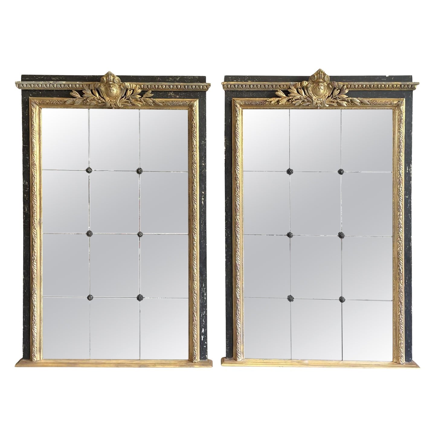 19th Century Gold-Black Italian Neoclassic Pair of Antique Trumeau Glass Mirrors For Sale