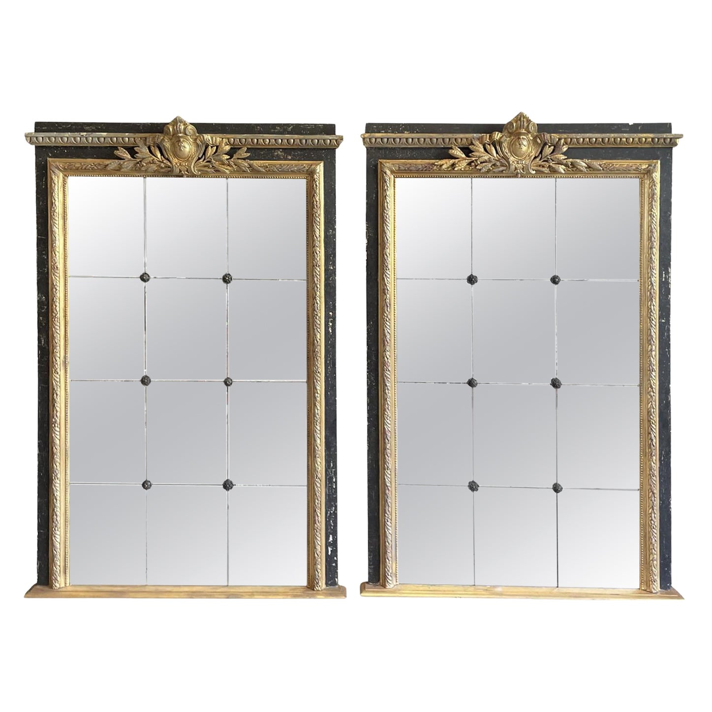 19th Century Italian Pair of Antique Neoclassical Gilded Trumeau Glass Mirrors