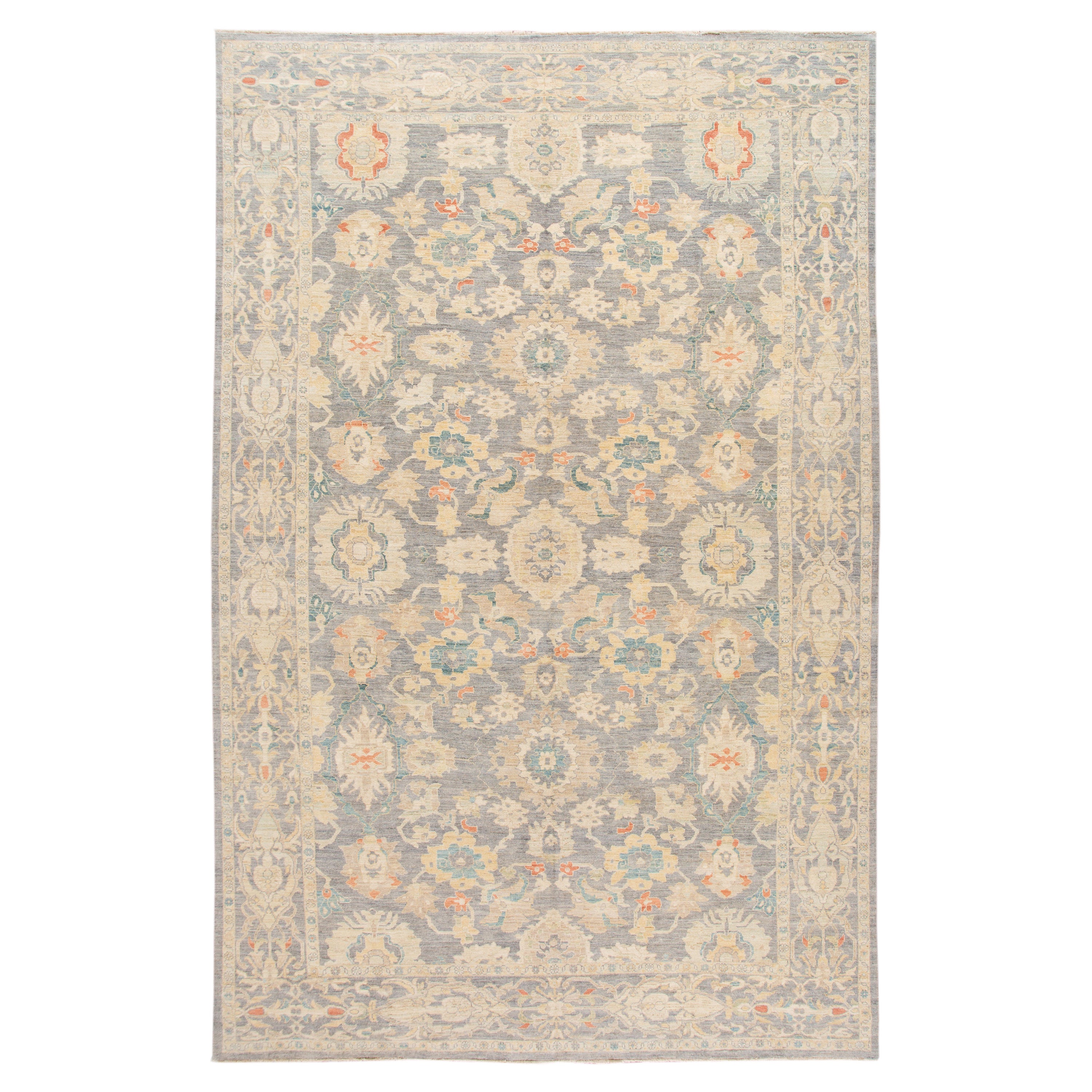 Handmade Gray Sultanabad Wool Rug Oversize Floral All-Over Design