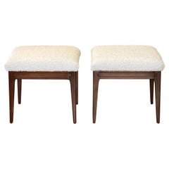 Mid Century Walnut Bouclé Stools, a Pair