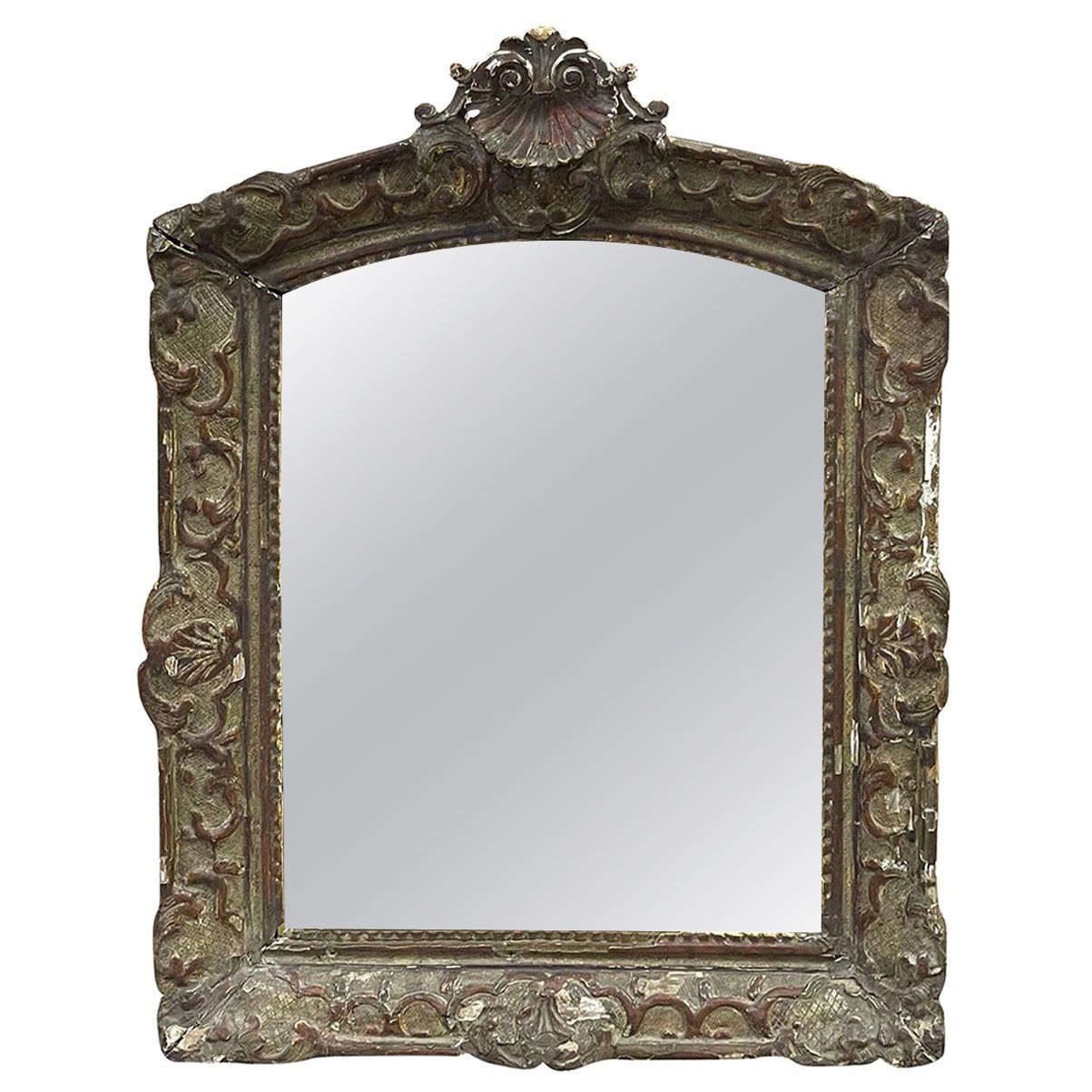 19th Century Dark-Grey French Antique Louis XV Style Pinewood Wall Glass Mirror For Sale