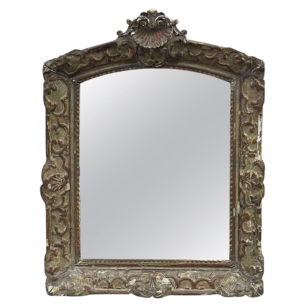 19th Century Dark-Grey French Antique Louis XV Style Pinewood Wall Glass Mirror