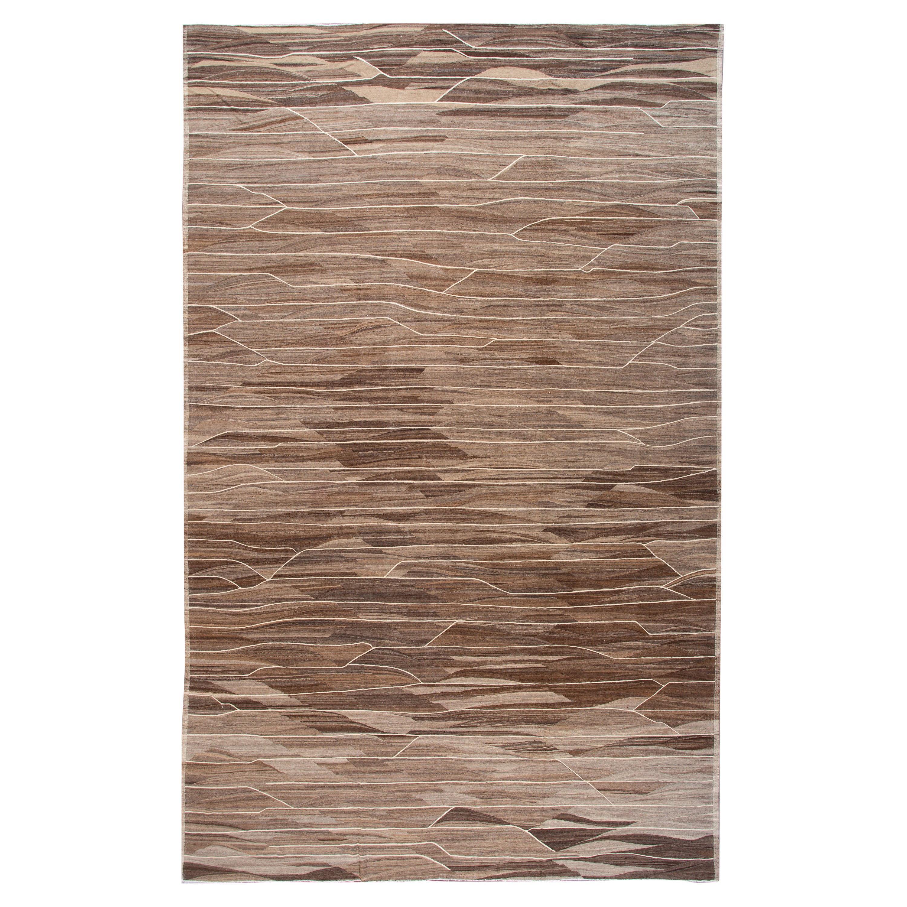 Tapis surdimensionné en laine marron à motif géométrique moderne - tissage plat de style Kilim  