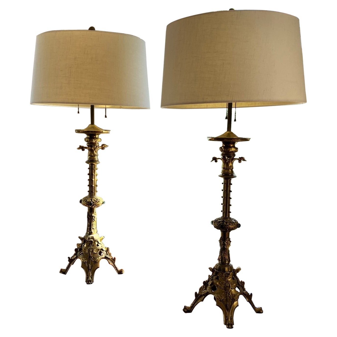Large Ornate Pair of Gothic Revival Jeweled Bronze Lamps with Linen Drum Shades For Sale