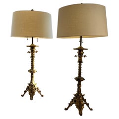 Large Ornate Pair of Gothic Revival Jeweled Bronze Lamps with Linen Drum Shades
