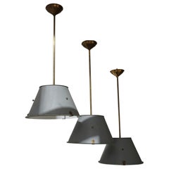 Three Industrial Art Deco Pendant Lights in Brass and Glass