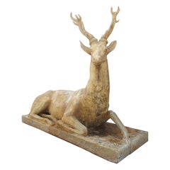 Monumental French Recumbent Garden Stag in Cast Stone