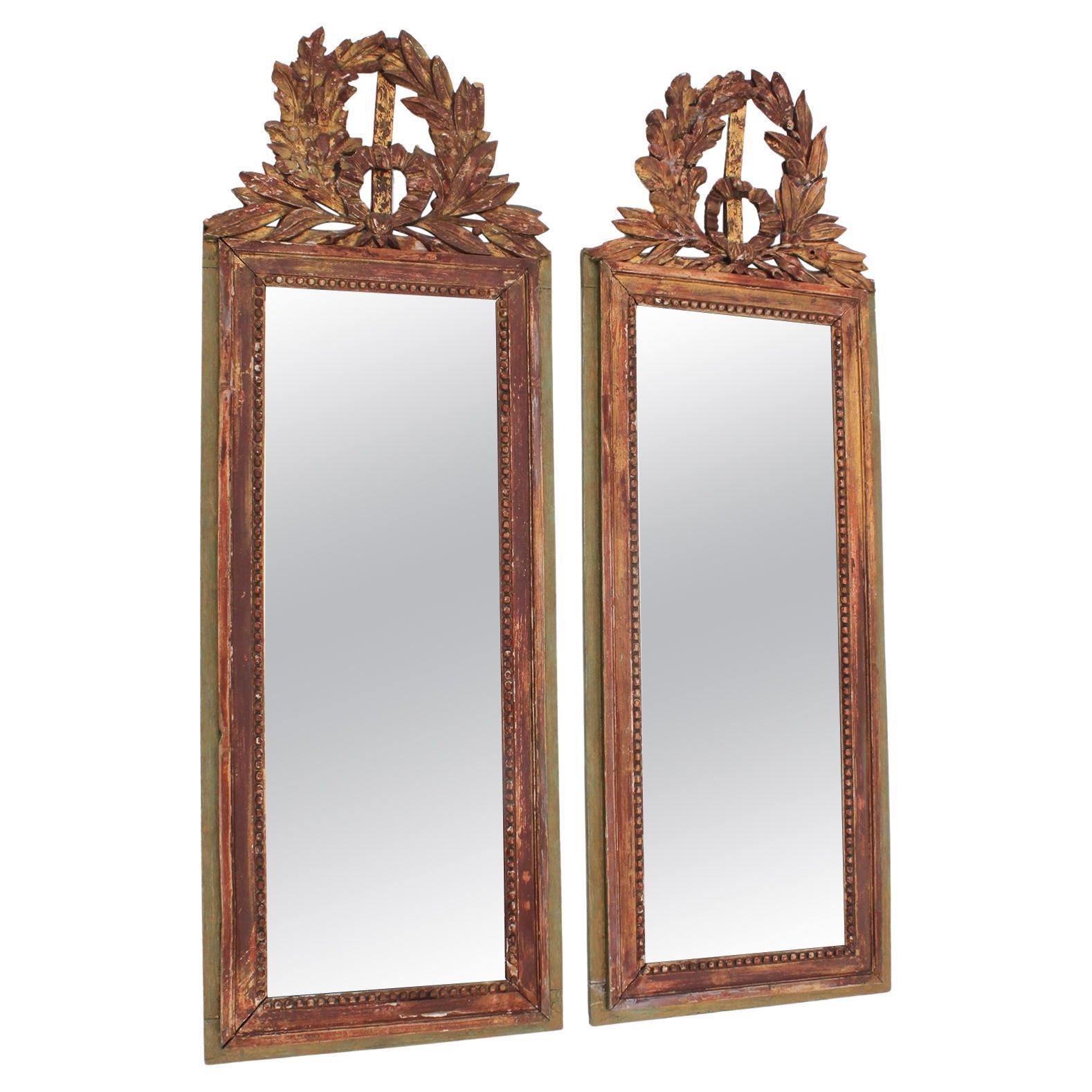 Pair French 19th-20th Century Regency Style Giltwood & Green Paint Wall Mirrors For Sale