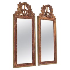 Antique Pair French 19th-20th Century Regency Style Giltwood & Green Paint Wall Mirrors