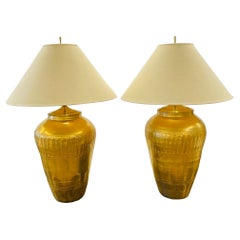 Retro Palatial Pair of Gilt Metal Urn Form Table Lamps, Hollywood Regency
