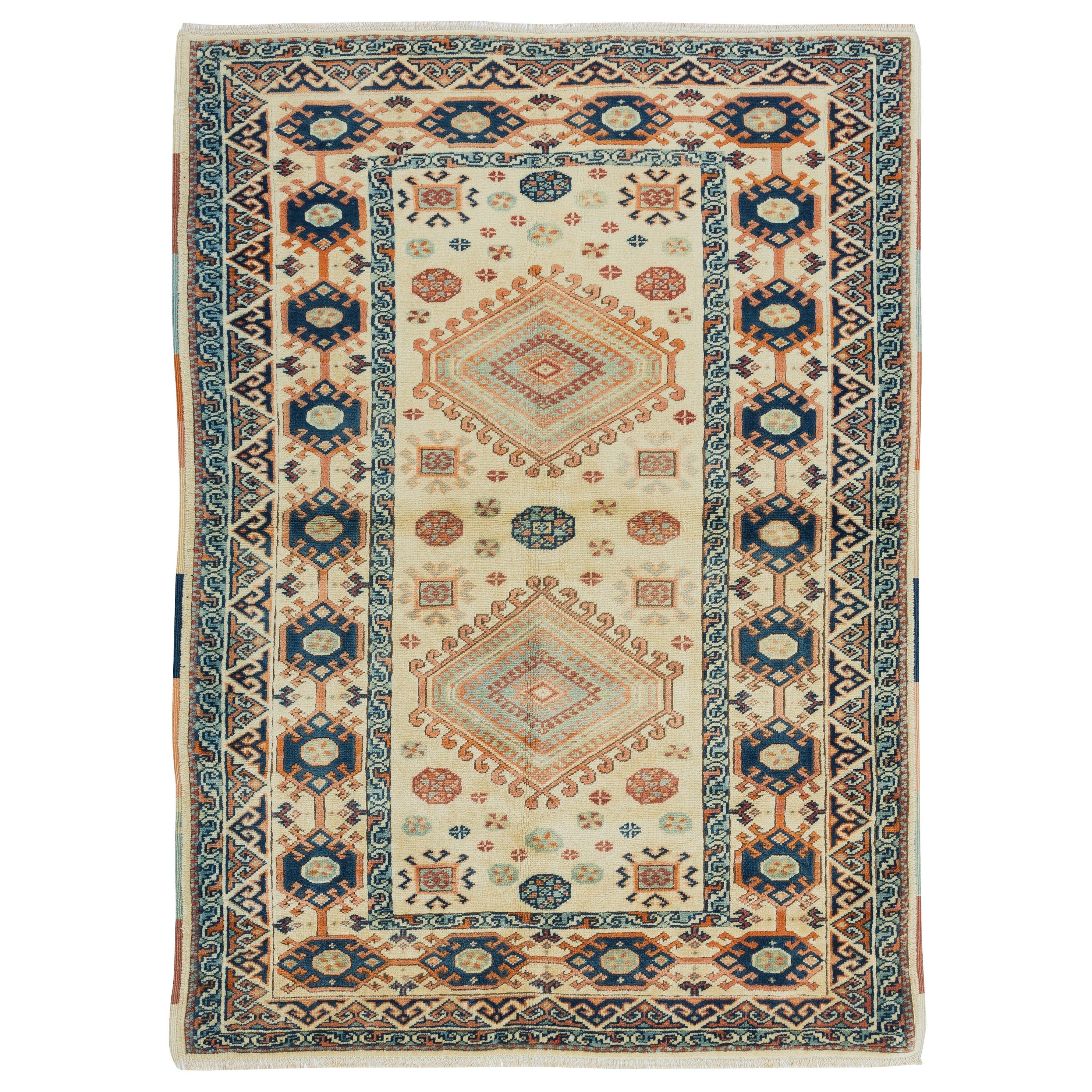 4x5.8 Ft handgefertigter türkischer Teppich des späten 20. Jahrhunderts mit zwei geometrischen Medaillons im Angebot