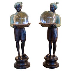 Pair of Bronze Figurines of Characters with Tray and Crystal Ball