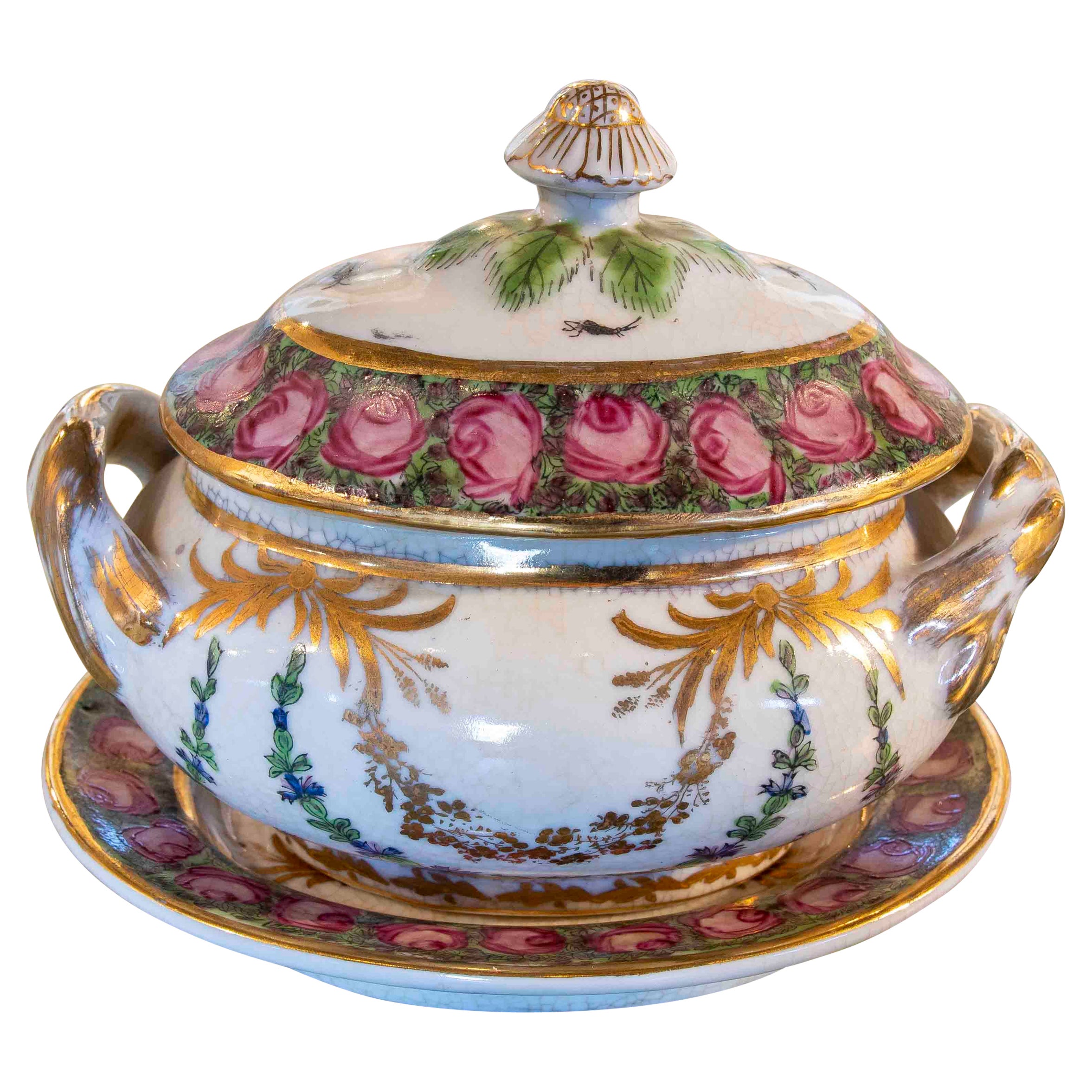 Sopera individual de porcelana pintada a mano de los años 70 con inscripción