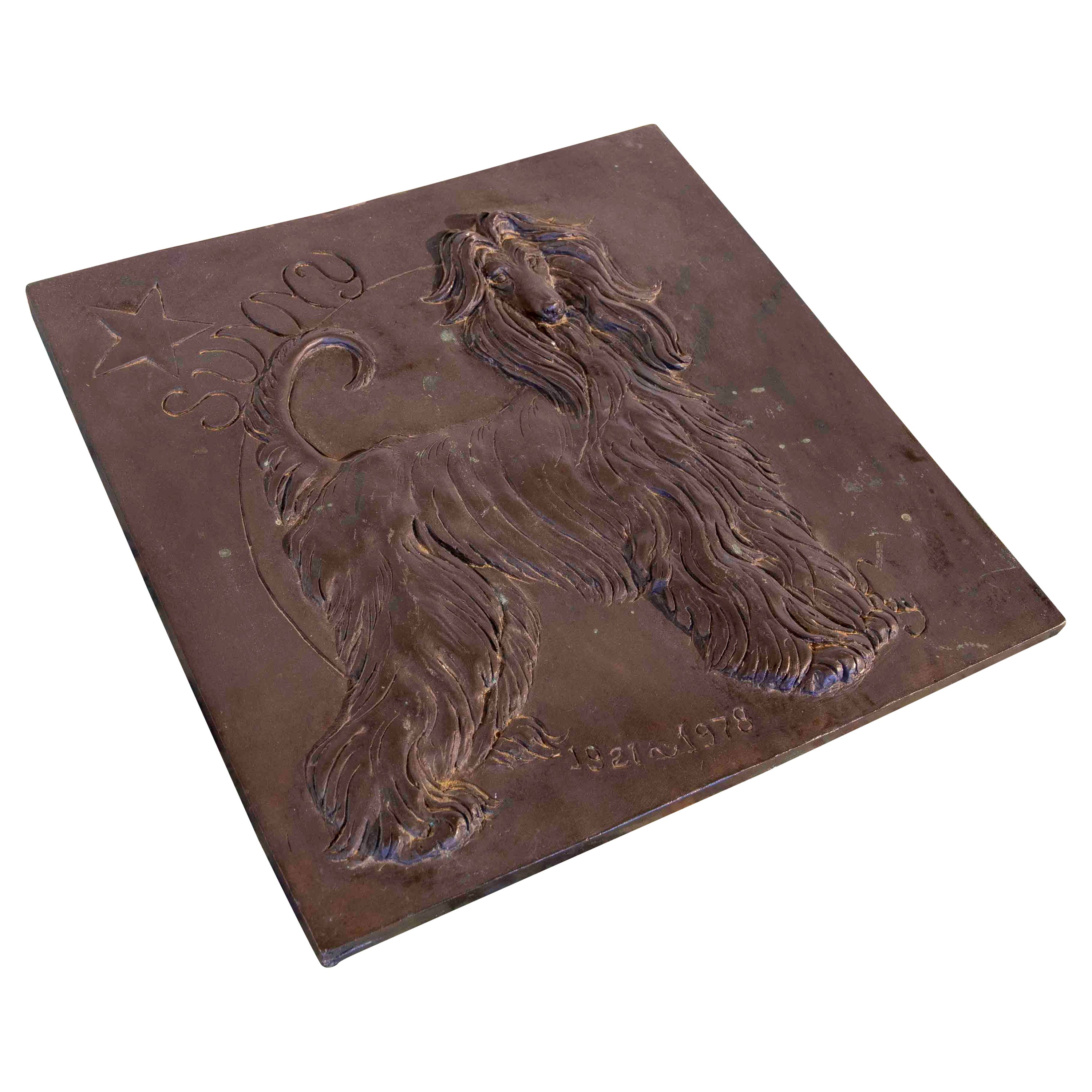 Targa commemorativa in bronzo firmata con l'immagine di un cane e la scritta "Sunny".