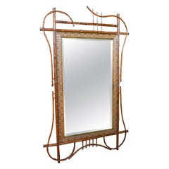 Bamboo and Wicker Wall Mirror with Bronze Decorations and Rounded Shapes