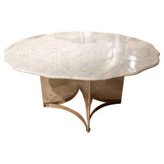 Italian Carrara Round Marble Table with Forms and Metraqilate and Steel Base