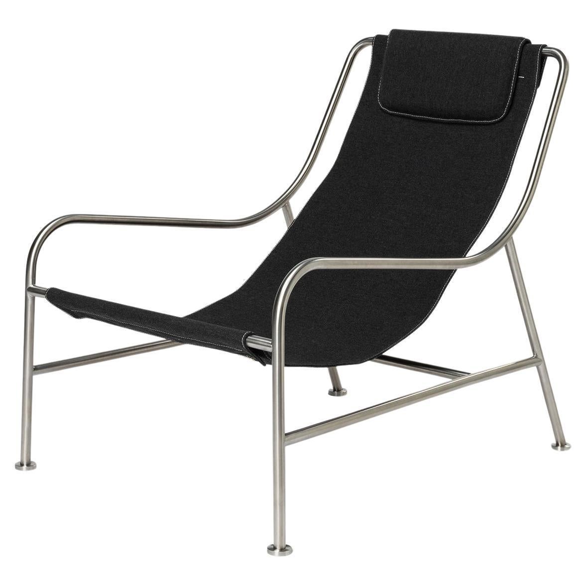 Minimalist Outdoor Lounge Chair in "Char" Fabric and Brushed Stainless Steel For Sale