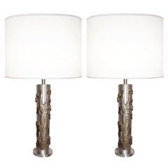 Pair of Modernist Table Lamps, Brushed Nickel and Sculptural Metal, 1970s