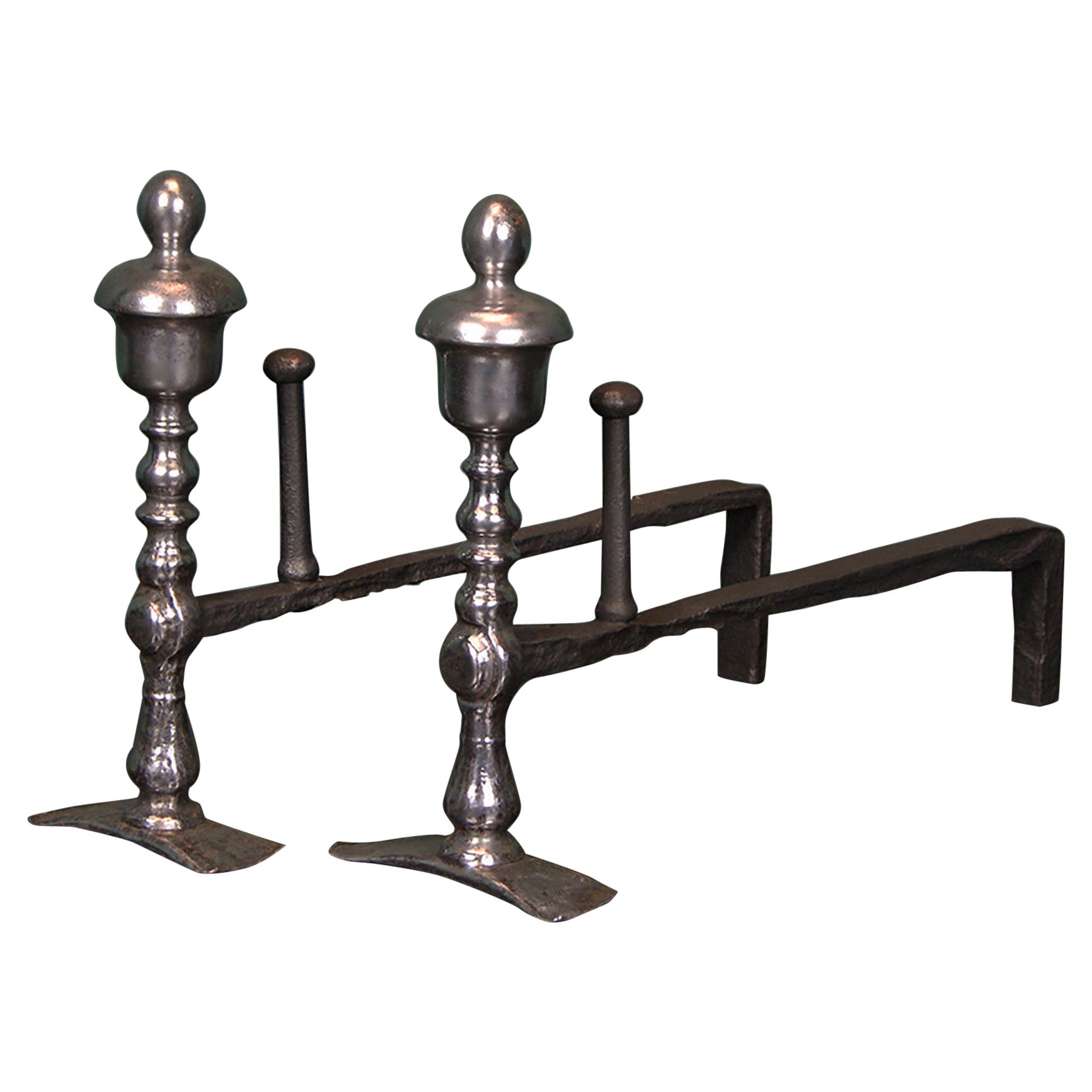18th Century English Wrought Fireplace Fire Dogs Andirons