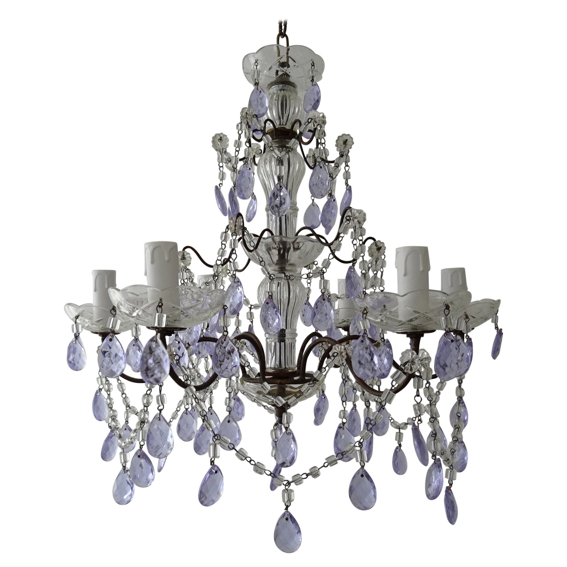 French Rare Lavender Purple Crystal Prisms Murano Chandelier, circa 1920