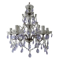 Raro lampadario francese di Murano con prismi di cristallo viola lavanda, 1920 circa