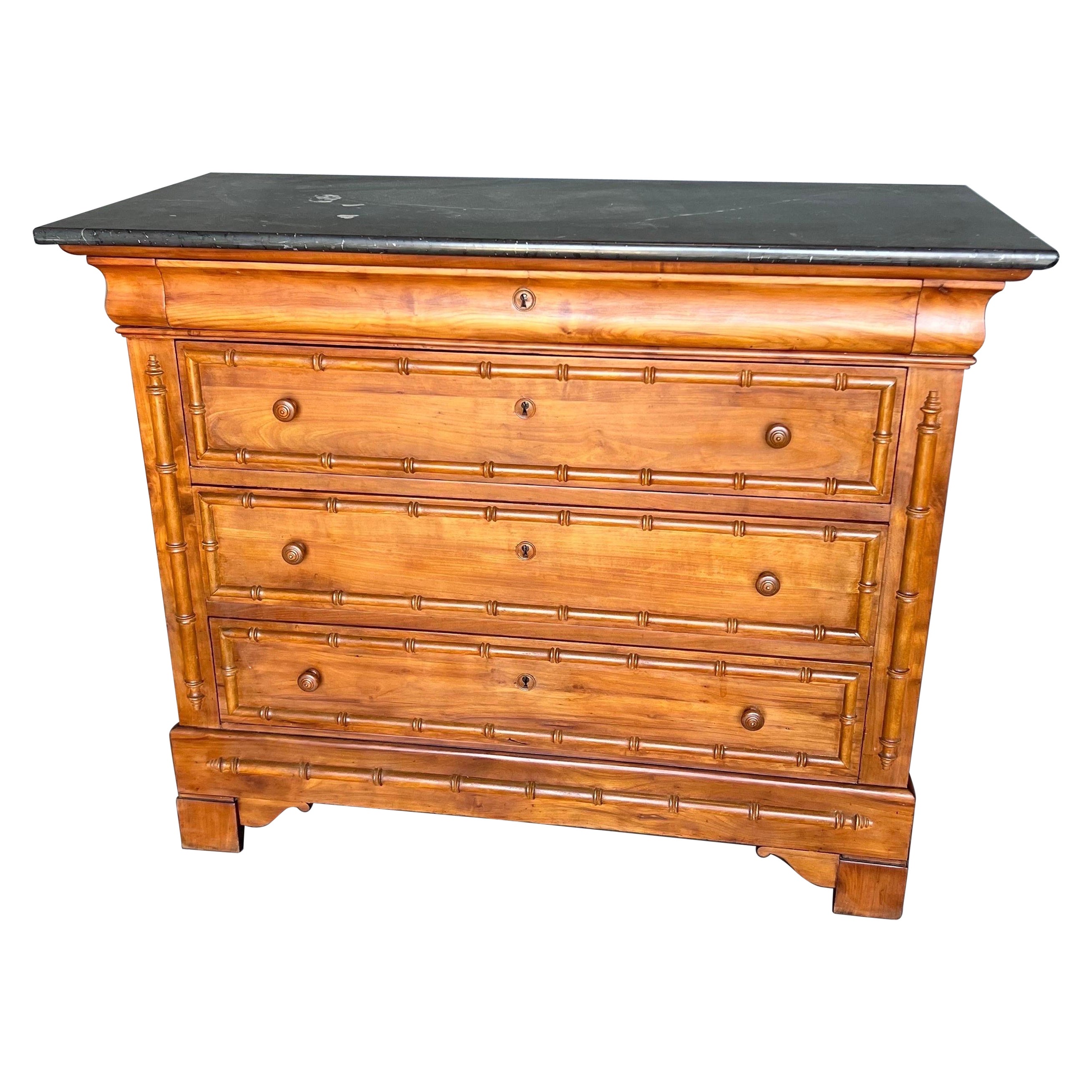 19th Century French Faux Bamboo Chest with Black Marble Top For Sale