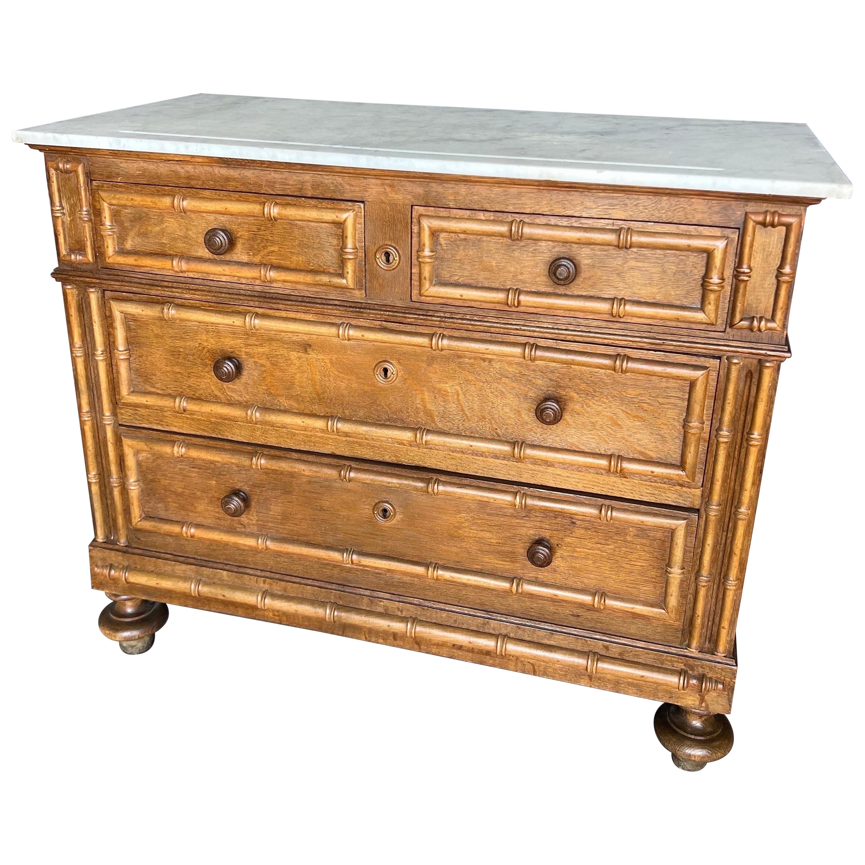 19th century English faux bamboo marble top bedside chest  For Sale
