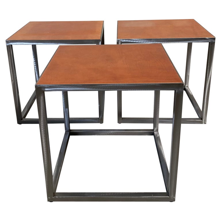 Baxter Square Cognac Brown Leather Coffee Table Side Table "Trinity