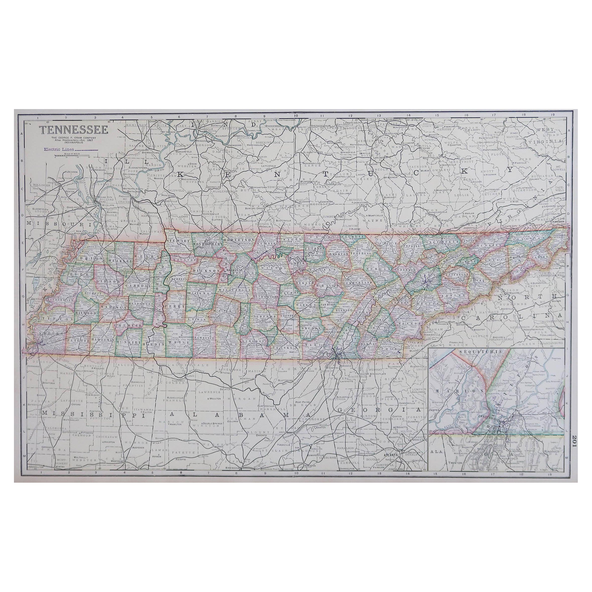 Large Original Antique Map of Tennessee, USA, circa 1900