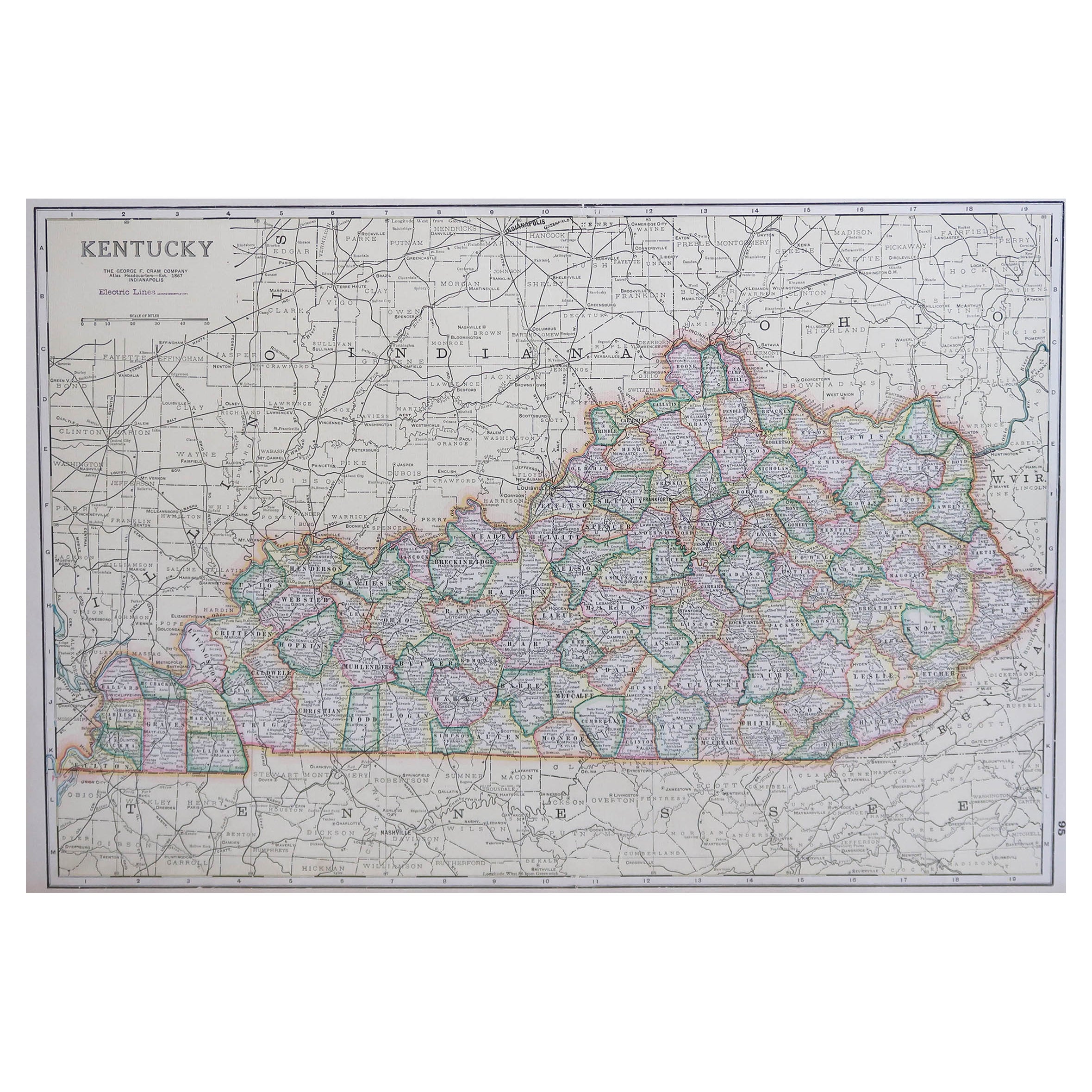 Large Original Antique Map of Kentucky, USA, C.1900 For Sale