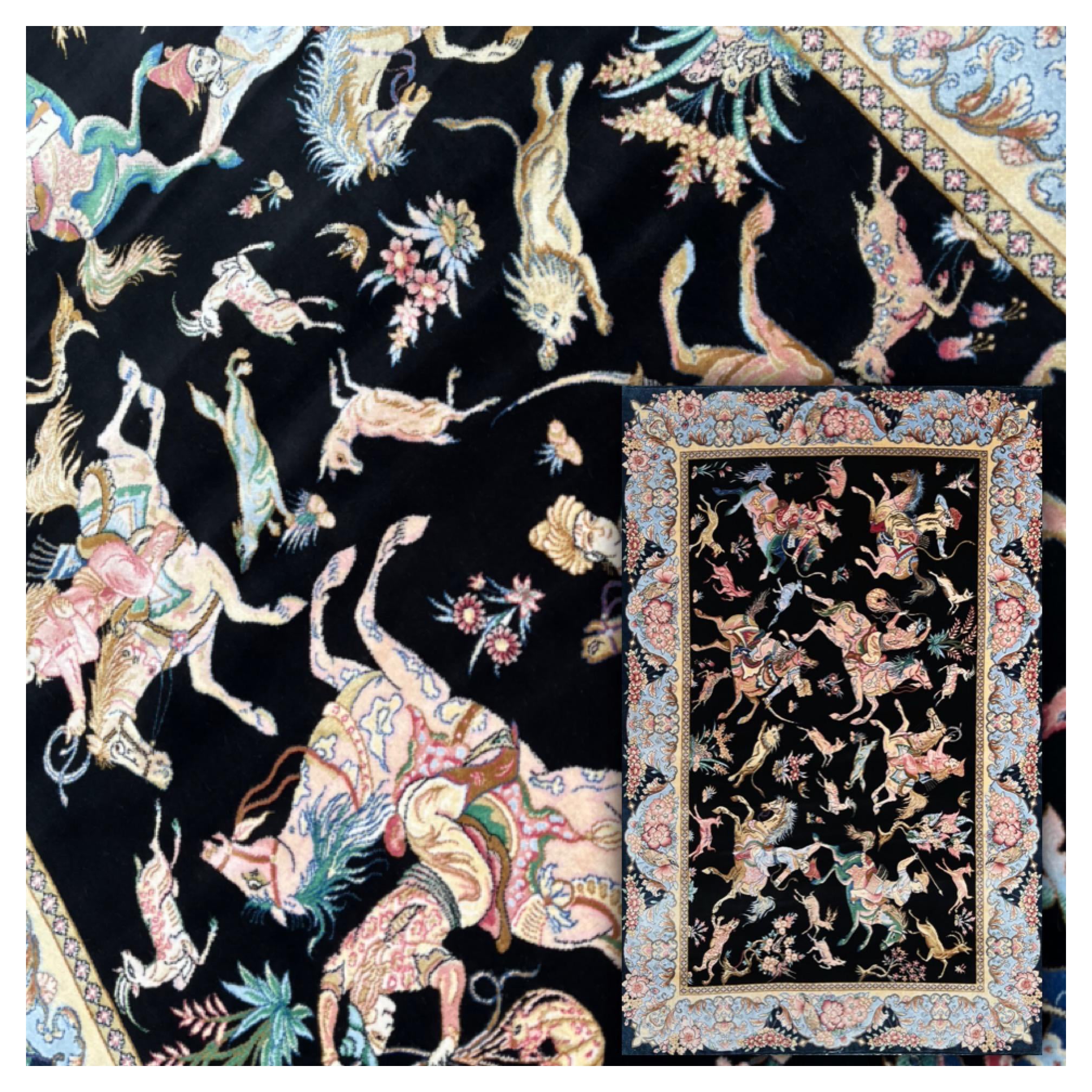 Indo-Persian Silk Carpet Hunting Scene For Sale