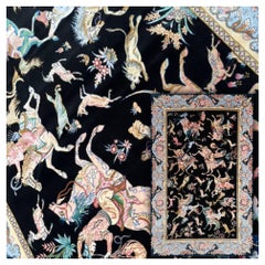 Vintage Indo-Persian Silk Carpet Hunting Scene