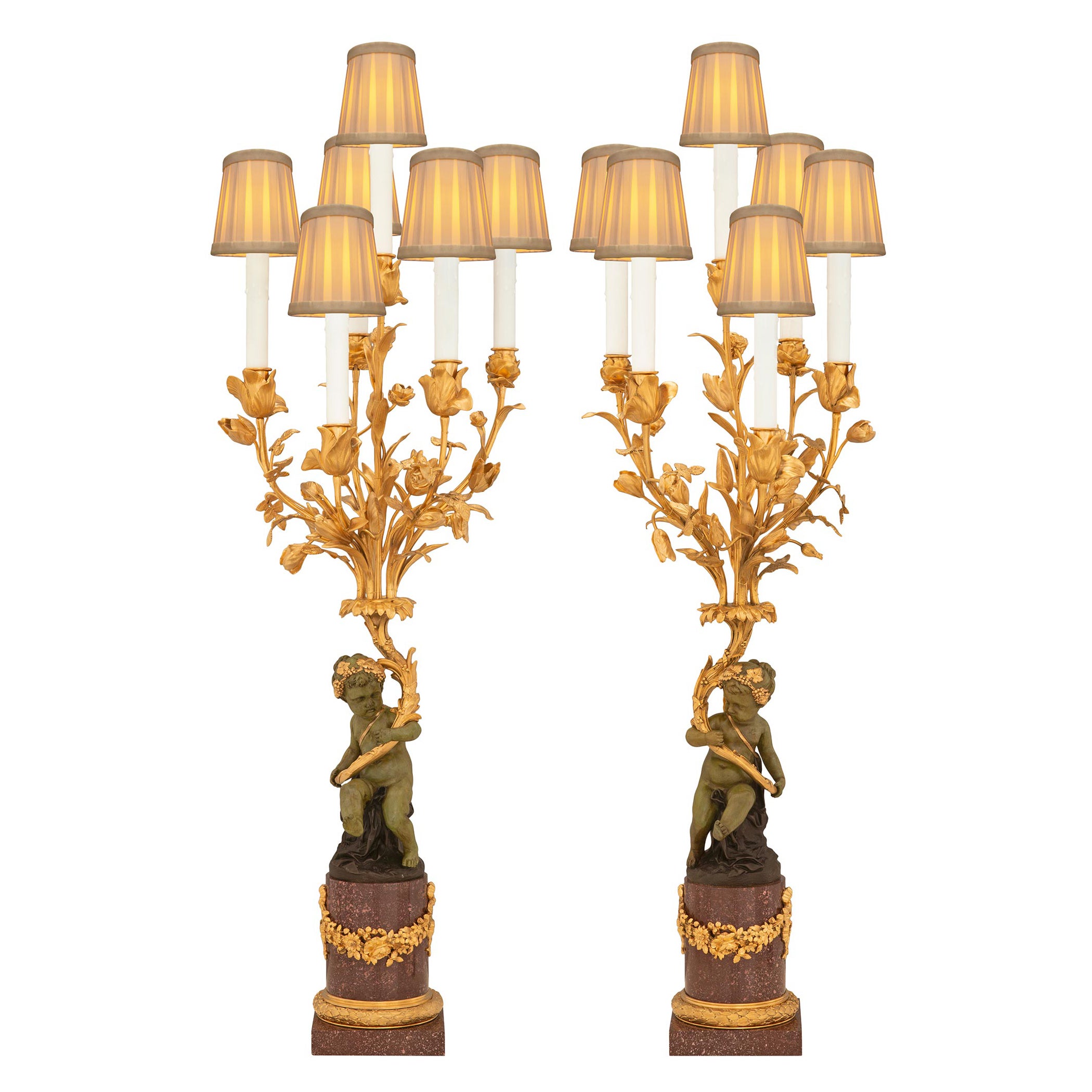 True Pair of French 19th Century Belle Époque Period Bronze & Porphyry Lamps For Sale