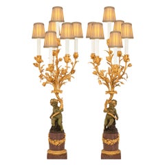 True Pair of French 19th Century Belle Époque Period Bronze & Porphyry Lamps
