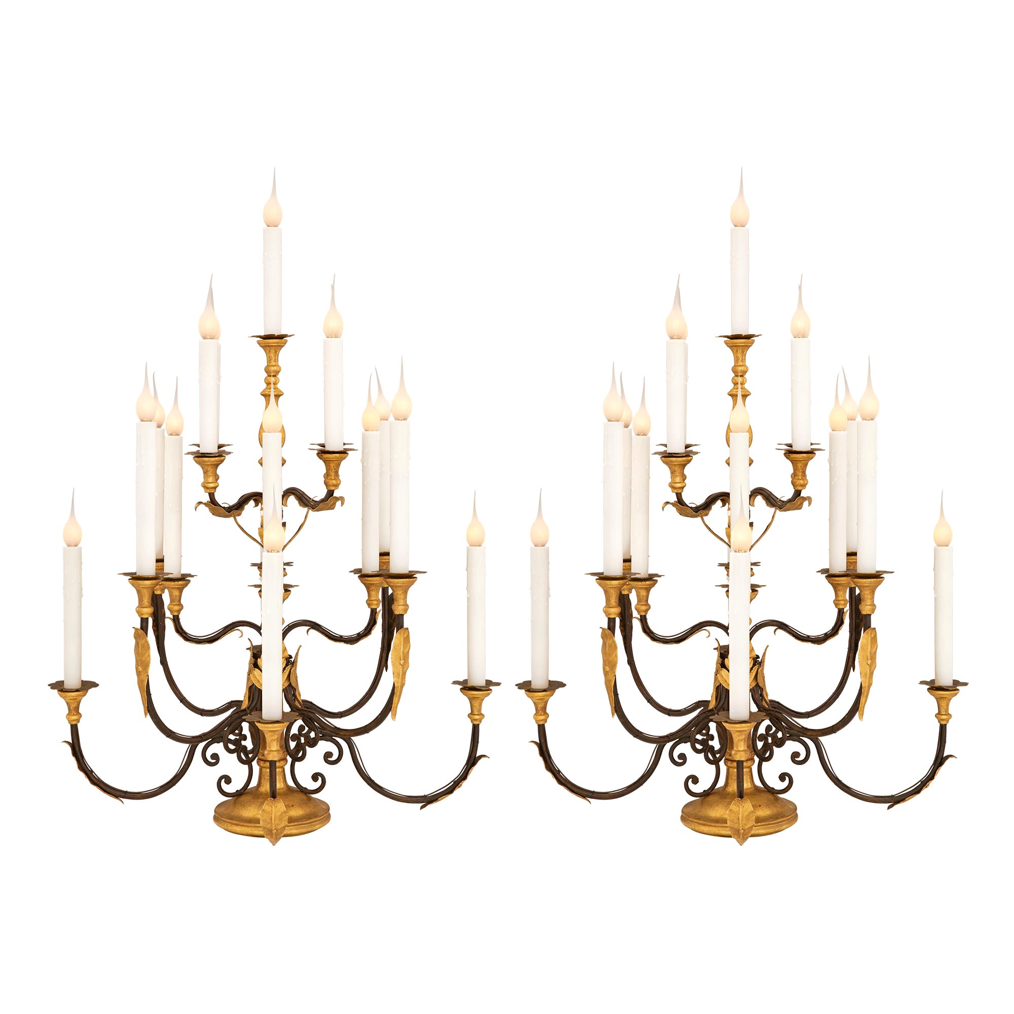 Pair of Italian 18th Century Baroque St. Wrought Iron Candelabra Lamps For Sale
