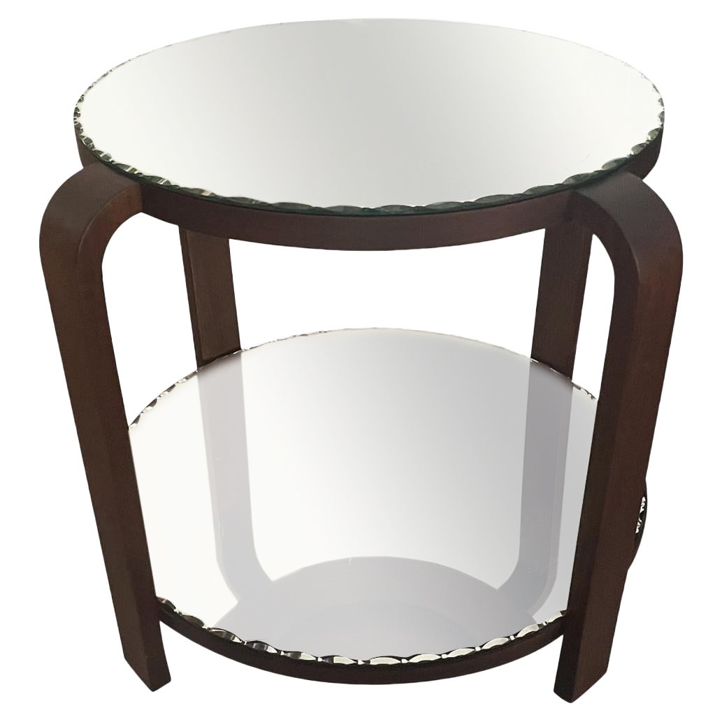 20th Century French Art Deco Walnut Side Table - Vintage Mirror Glass Sofa Table For Sale