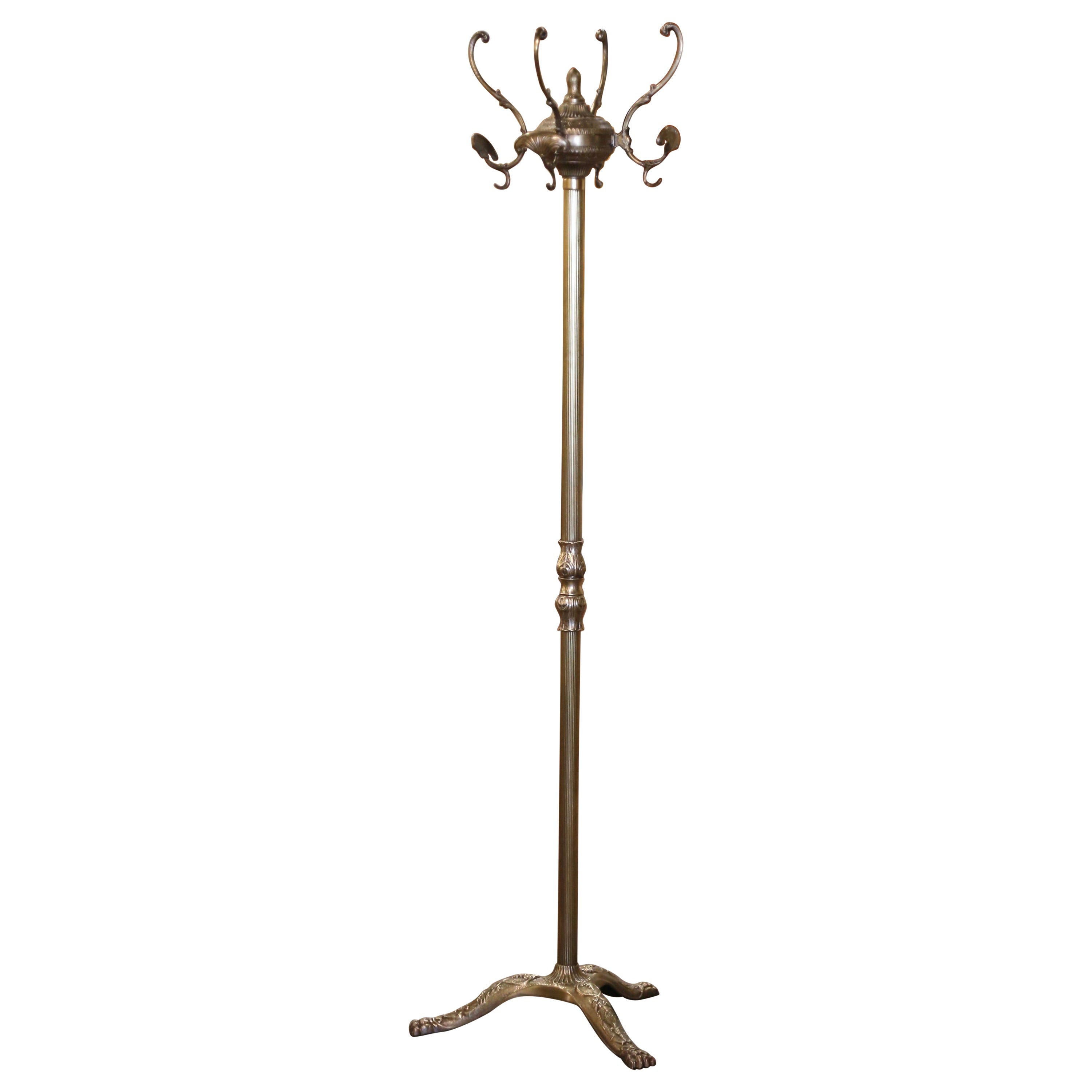 Early 20th Century French Gilt Brass Swivel Four-Hook Standing Hall Tree