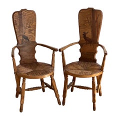 French Provincial Armchair 19th Century with High Inlaid Back and Straw Seat